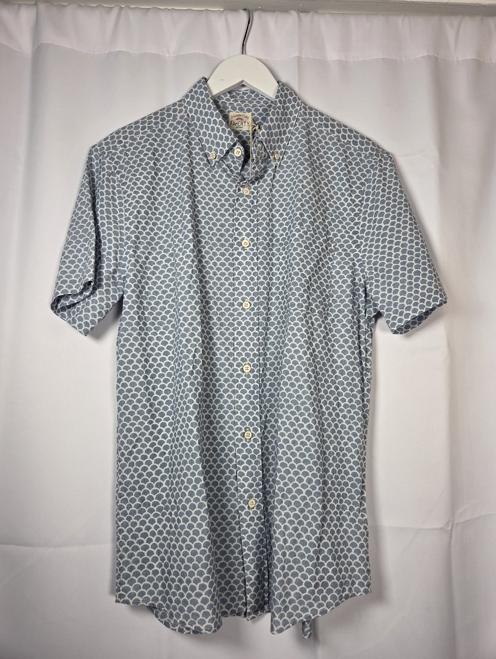 NEW Faherty Stretch Playa Shirt Fish Scale Redux Blue Button Down Men's M  $138